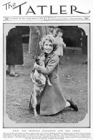 Princess Elizabeth, later the present Queen Elizabeth II, pictured on the front cover of The Tatler with her corgi at Glamis Castle, home of her maternal grandparents, the Earl and Countess of Strathmore. Date: 1937