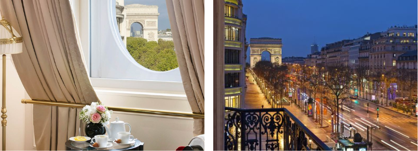 Window view at Arc de Triomphe from Le Fouquet’s Barrière Hotel