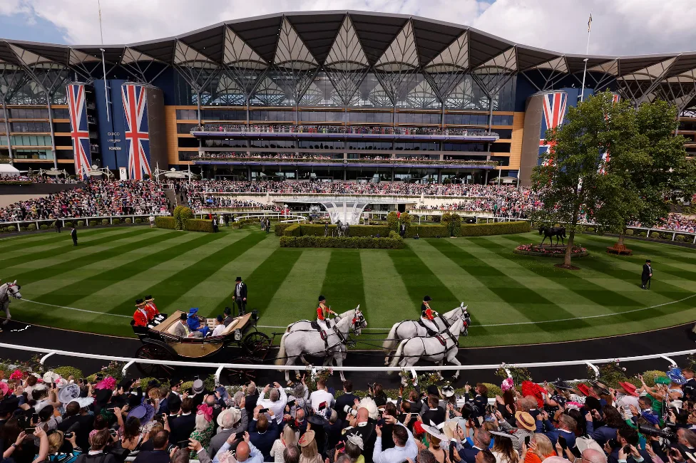Royal Askot 2024, Britain's King Charles and Queen Camilla are pictured during the Royal procession ahead of the races