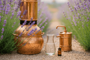 Provence lavender field, lavender harvest and oil-making