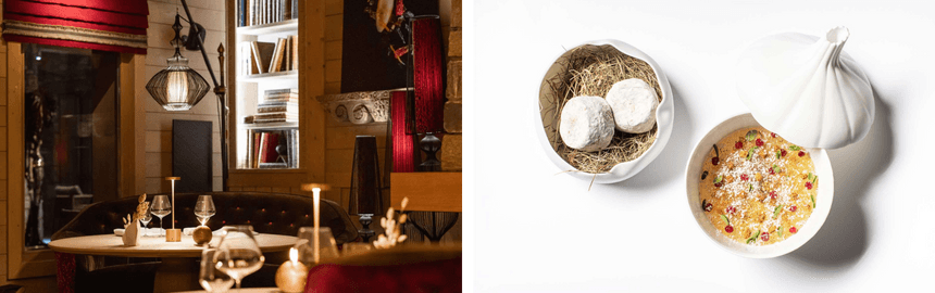 Le Sarkara two-Michelin-star vegetal restaurant in Courchevel, Interior and dishes example