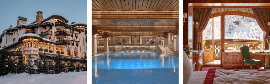Les Airelles hotel in Courchevel facade, SPA, room