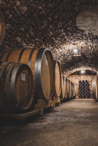 Stone‐vaulted wine cellar interior with rows of wooden barrels and bottles stacked at the far end