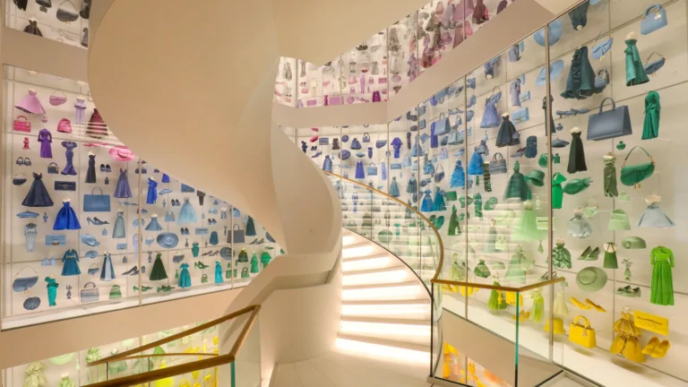 A glowing white spiral staircase inside La Galerie Dior in Paris, encased by glass displays filled with miniature color-sorted dresses, handbags, and shoes. See on the Galerie Dior Tour